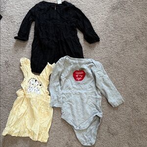 Black Dress, Yellow Dress, and Gray Onesie Set